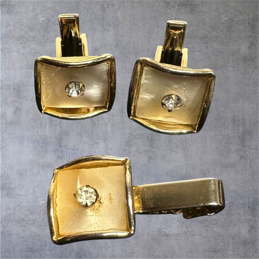 Vintage Gold Tone Cufflinks Tie Bar Set MOP Rhinestone Square